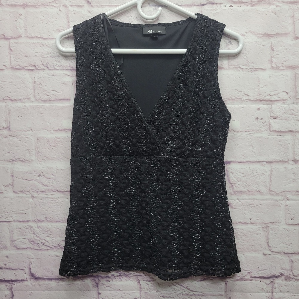 Y2K AB Studio Glitter Black Embroidered Lacy Sleeveless Top Sz S Dark Fairy Goth